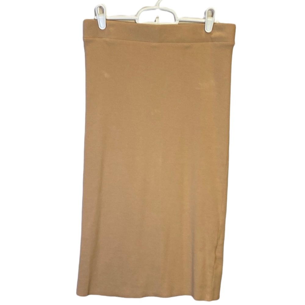 NSF Ribbed Knit Pencil Skirt Beige Small Back Slit Elastic Waistband